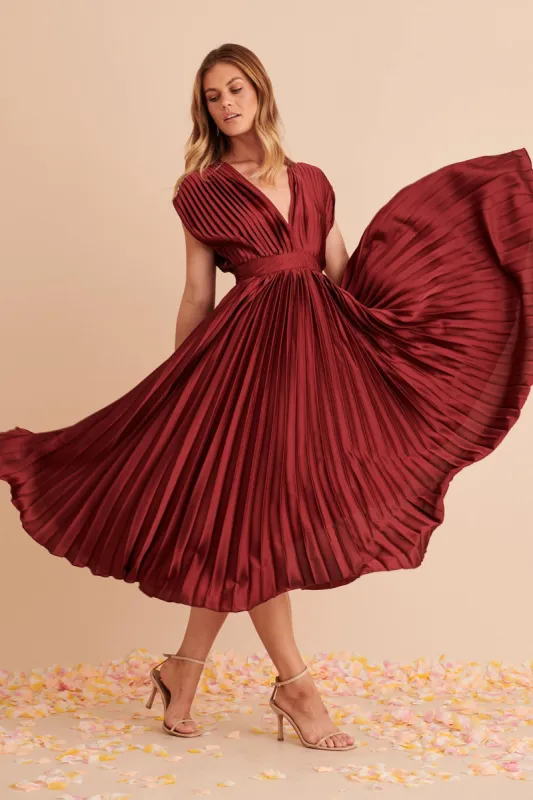 Anetta Midi Dress In Pleated Wine Satin sold by St Frock
