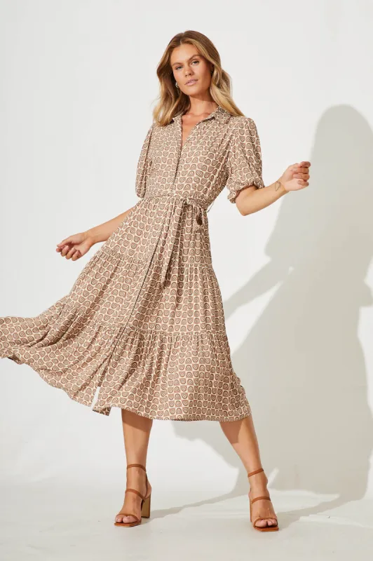 Emmadale Midi Shirt Dress In Tan And Cream Geometric Print sold by St Frock