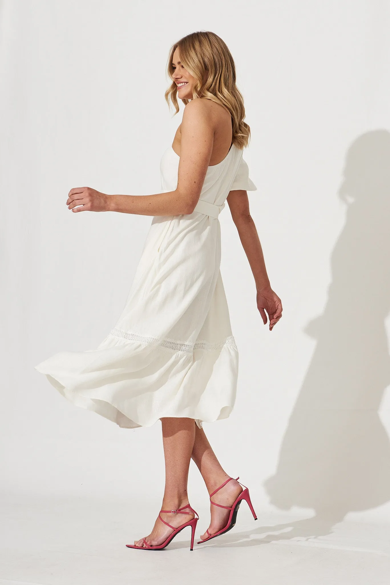 Bebe One Shoulder Midi Dress In Cream Cotton Linen Blend sold by St Frock product image thumbnail 3