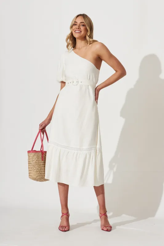 Bebe One Shoulder Midi Dress In Cream Cotton Linen Blend sold by St Frock