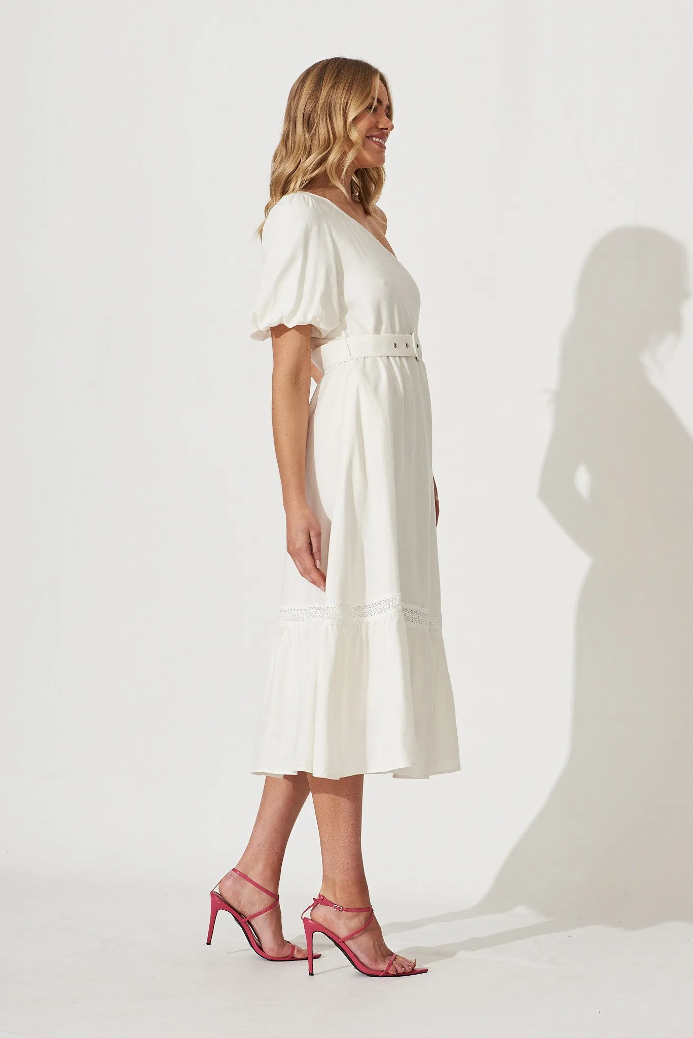 Bebe One Shoulder Midi Dress In Cream Cotton Linen Blend sold by St Frock product image thumbnail 4
