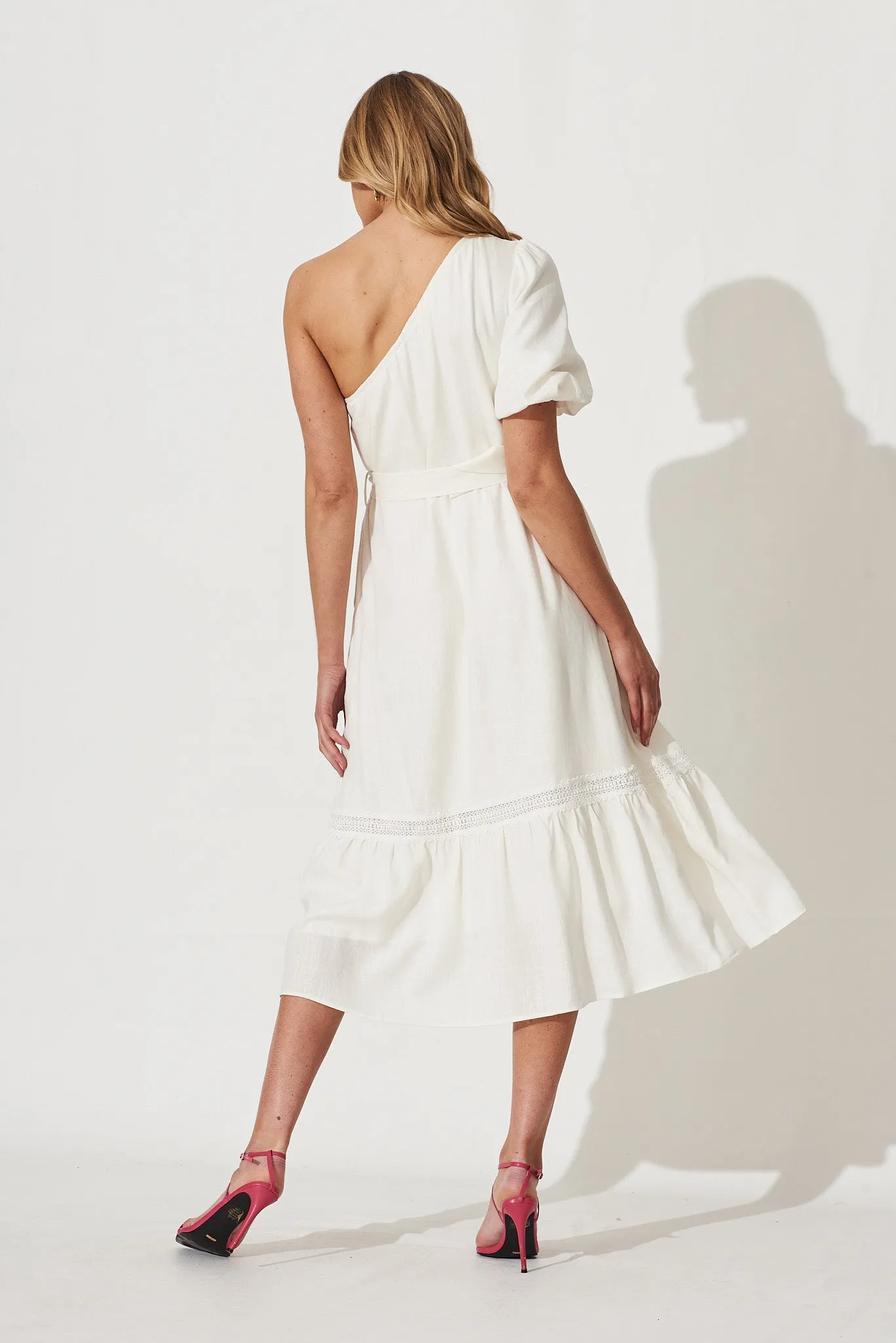 Bebe One Shoulder Midi Dress In Cream Cotton Linen Blend sold by St Frock product image thumbnail 5