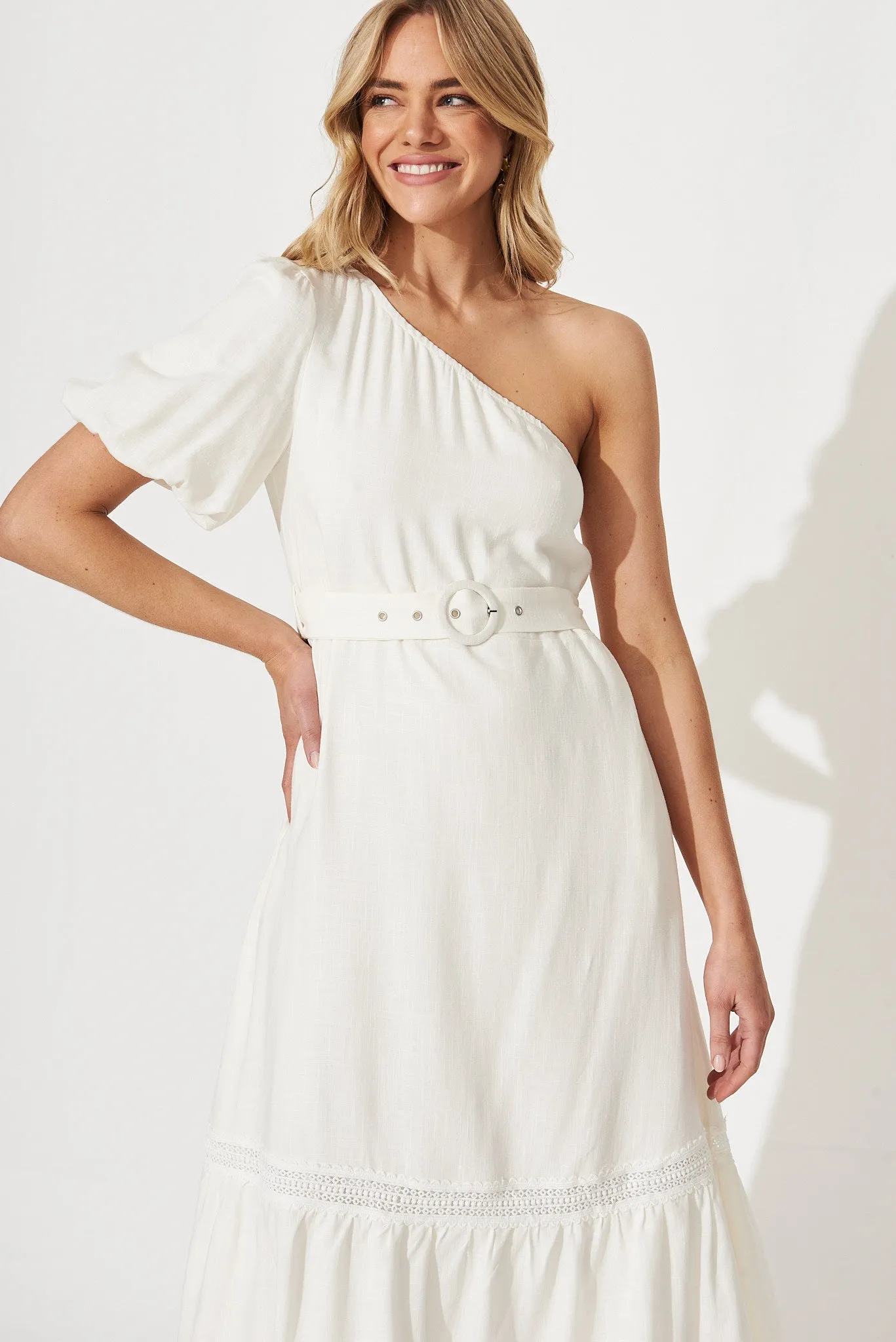 Bebe One Shoulder Midi Dress In Cream Cotton Linen Blend sold by St Frock product image thumbnail 2