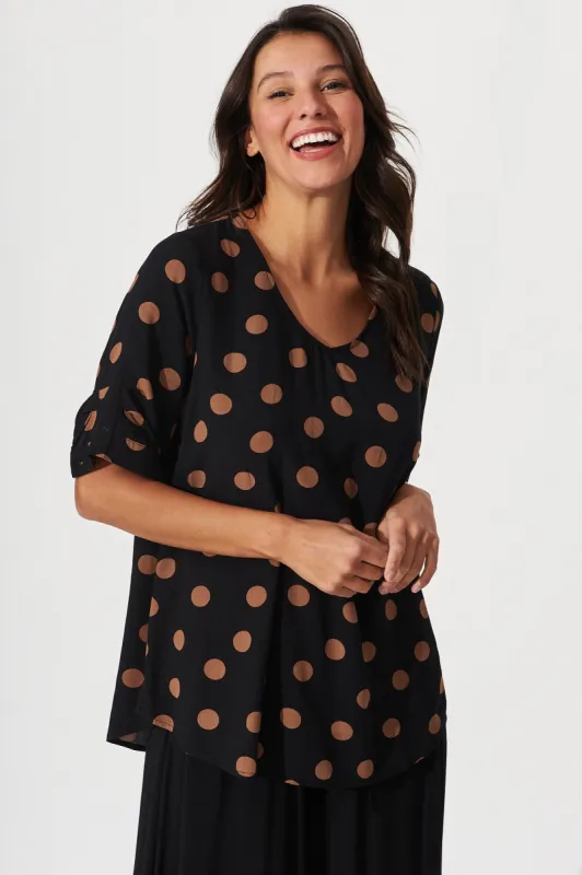 Laura Top In Black With Brown Polka Dot sold by St Frock
