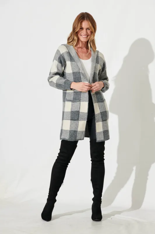Dina Hood Knit Cardigan In Grey Check Wool Blend sold by St Frock