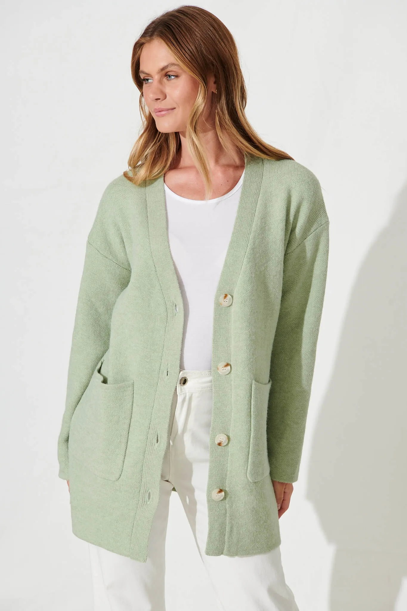 Alpine Knit Cardigan In Green Wool Blend sold by St Frock