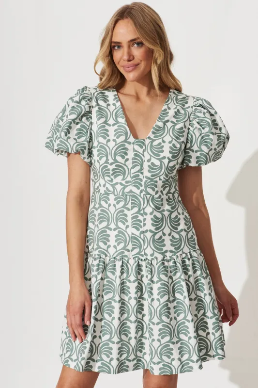 Abbey Dress In White With Khaki Swirl Print Cotton sold by St Frock