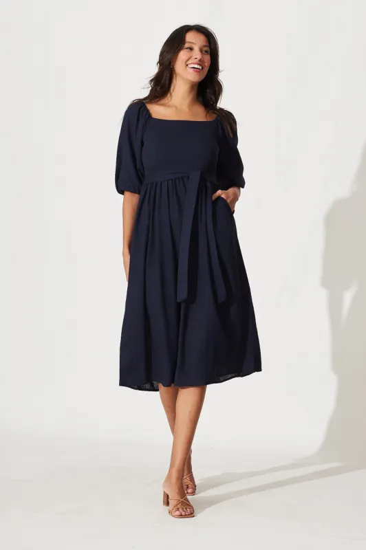 Darly Midi Dress In Navy Linen Blend sold by St Frock