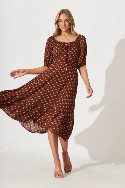 Oregon Midi Dress In Chocolate With Beige Print sold by St Frock