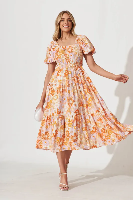 Rosa Midi Dress In Pink With Orange Floral sold by St Frock