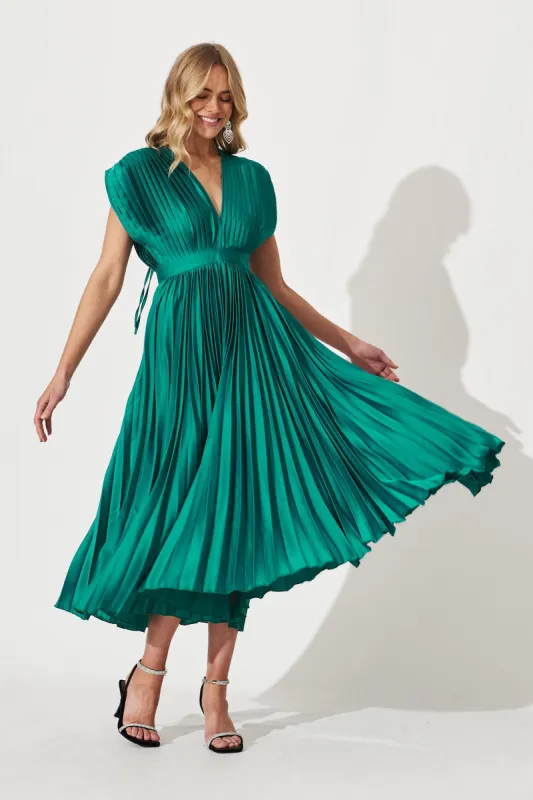 Anetta Midi Dress In Pleated Teal Satin sold by St Frock