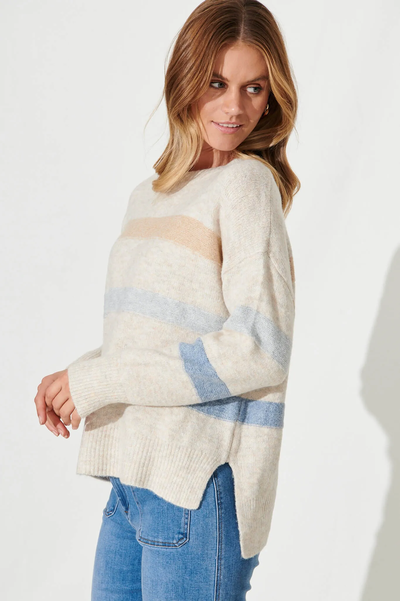 Nove Knit In Light Brown With Blue Stripe Wool Blend sold by St Frock product image thumbnail 2