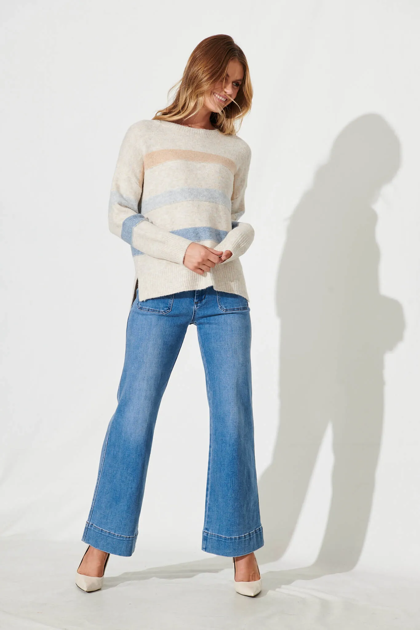 Nove Knit In Light Brown With Blue Stripe Wool Blend sold by St Frock product image thumbnail 4