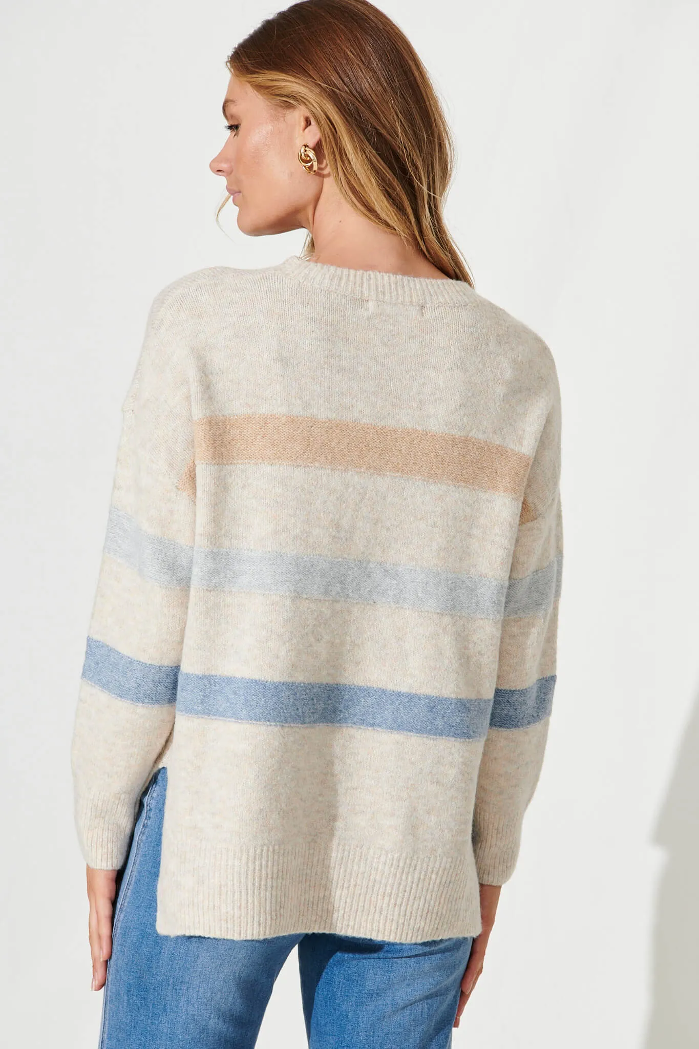 Nove Knit In Light Brown With Blue Stripe Wool Blend sold by St Frock product image thumbnail 3