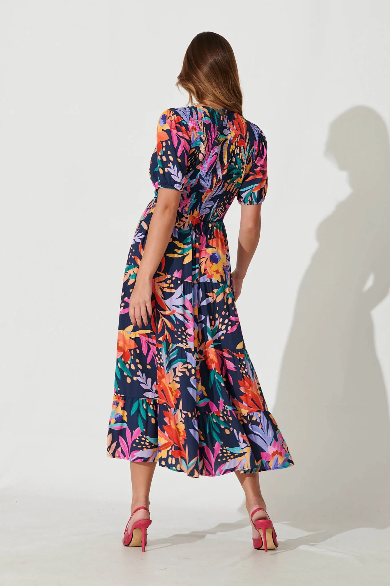 Kami Maxi Dress In Navy With Bright Leaf Print sold by St Frock product image thumbnail 4