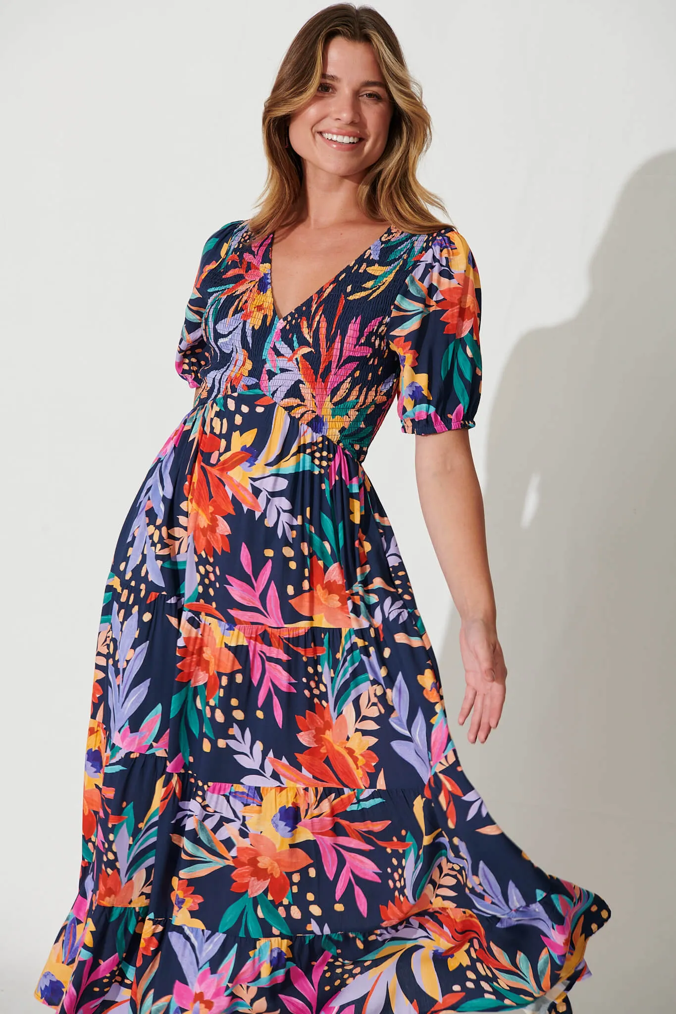 Kami Maxi Dress In Navy With Bright Leaf Print sold by St Frock product image thumbnail 2