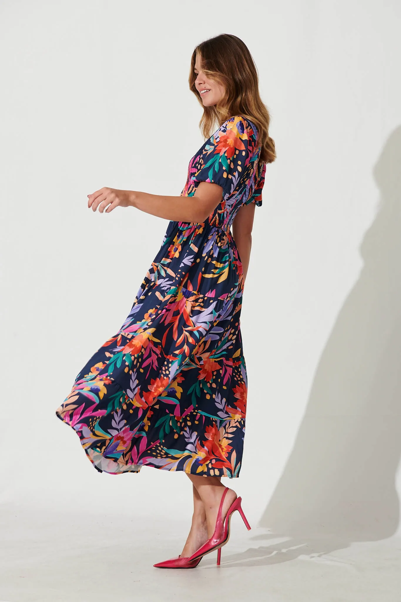 Kami Maxi Dress In Navy With Bright Leaf Print sold by St Frock product image thumbnail 3