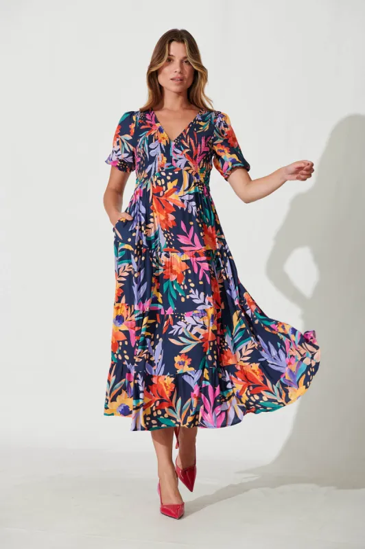 Kami Maxi Dress In Navy With Bright Leaf Print sold by St Frock