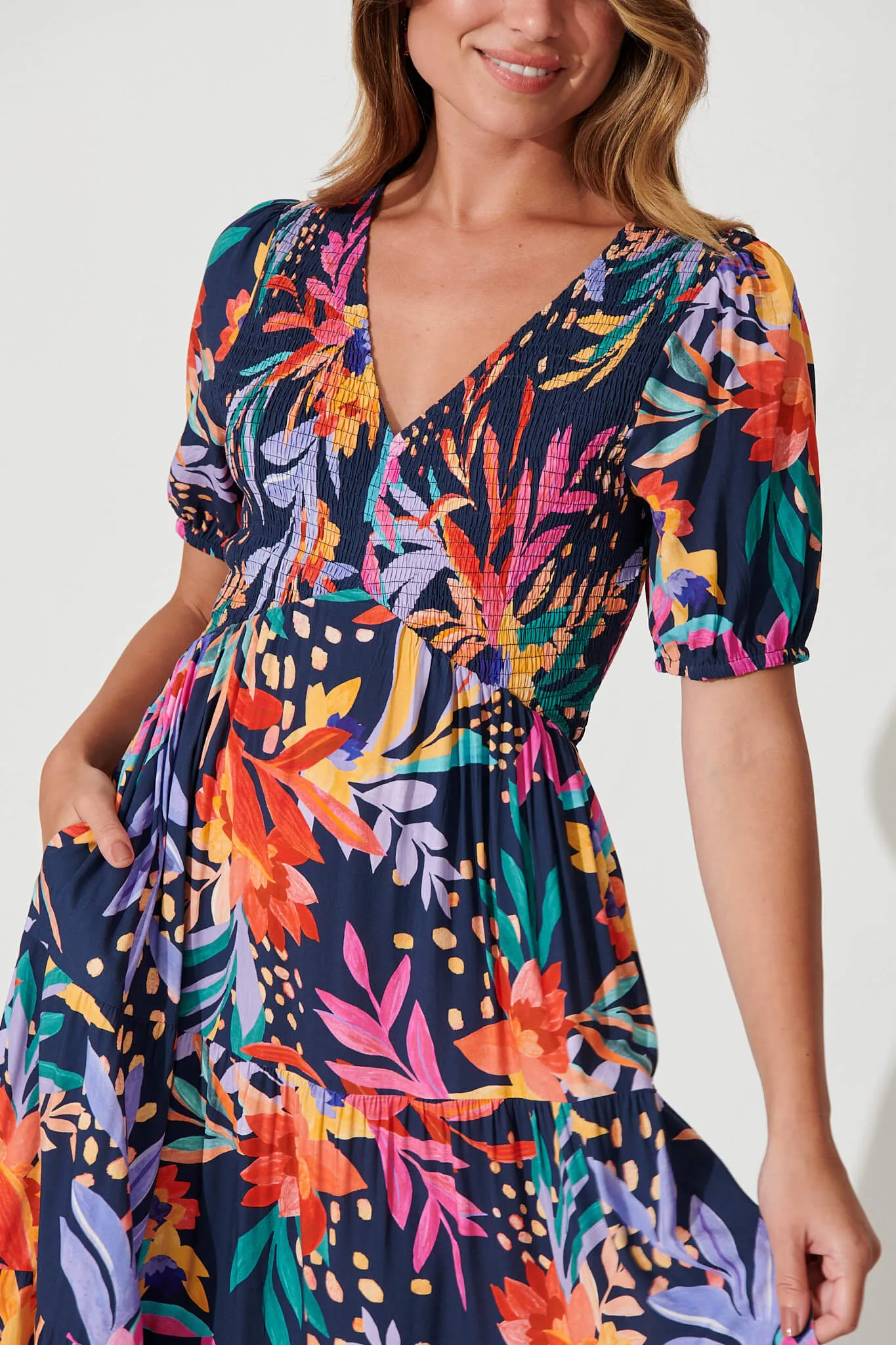 Kami Maxi Dress In Navy With Bright Leaf Print sold by St Frock product image thumbnail 5