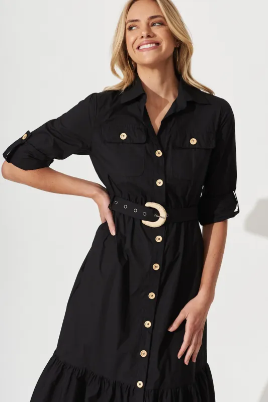 Cornellie Midi Shirt Dress In Black Cotton sold by St Frock