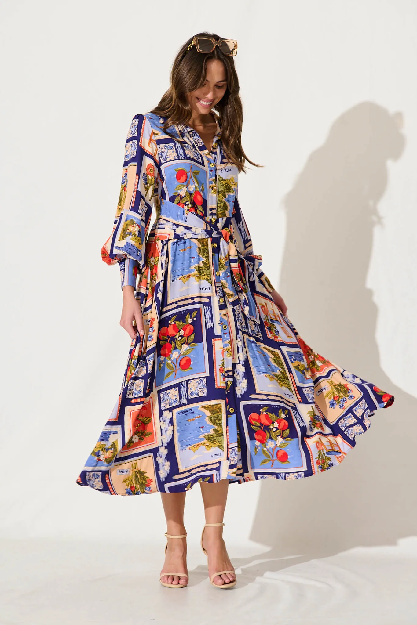 Ciao Bella Maxi Shirt Dress In Blue Multi Postcard Print sold by St Frock