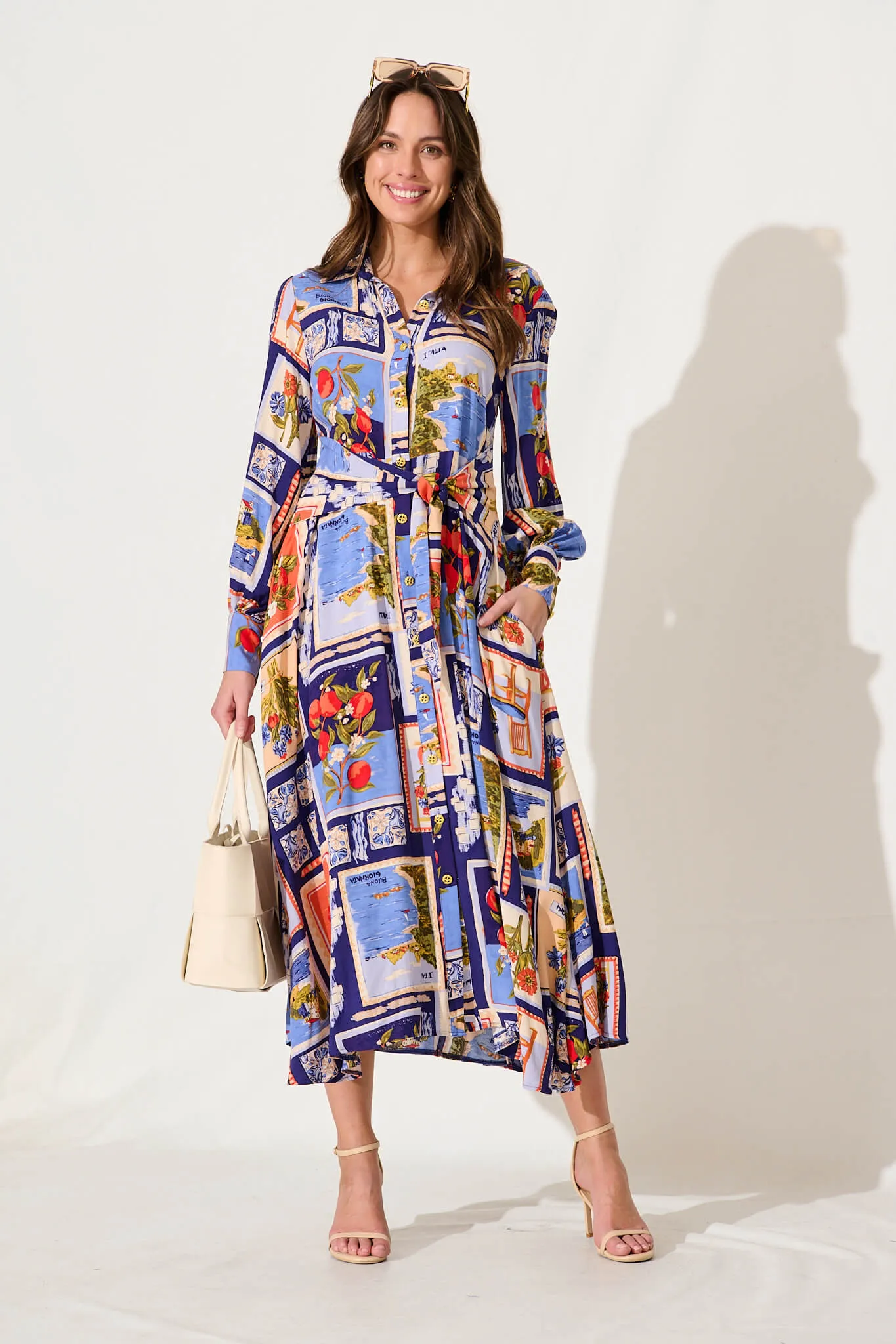 Ciao Bella Maxi Shirt Dress In Blue Multi Postcard Print sold by St Frock product image thumbnail 5