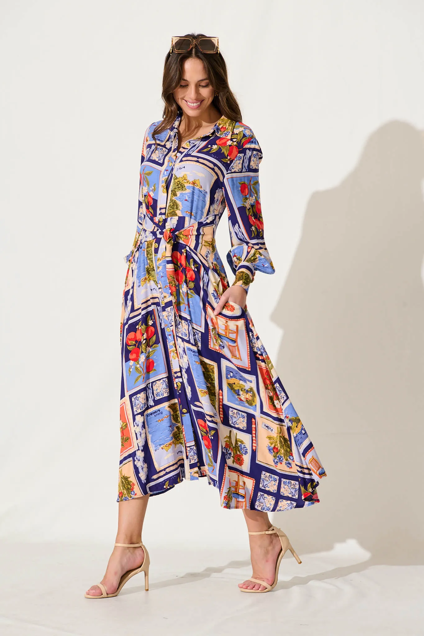 Ciao Bella Maxi Shirt Dress In Blue Multi Postcard Print sold by St Frock product image thumbnail 3