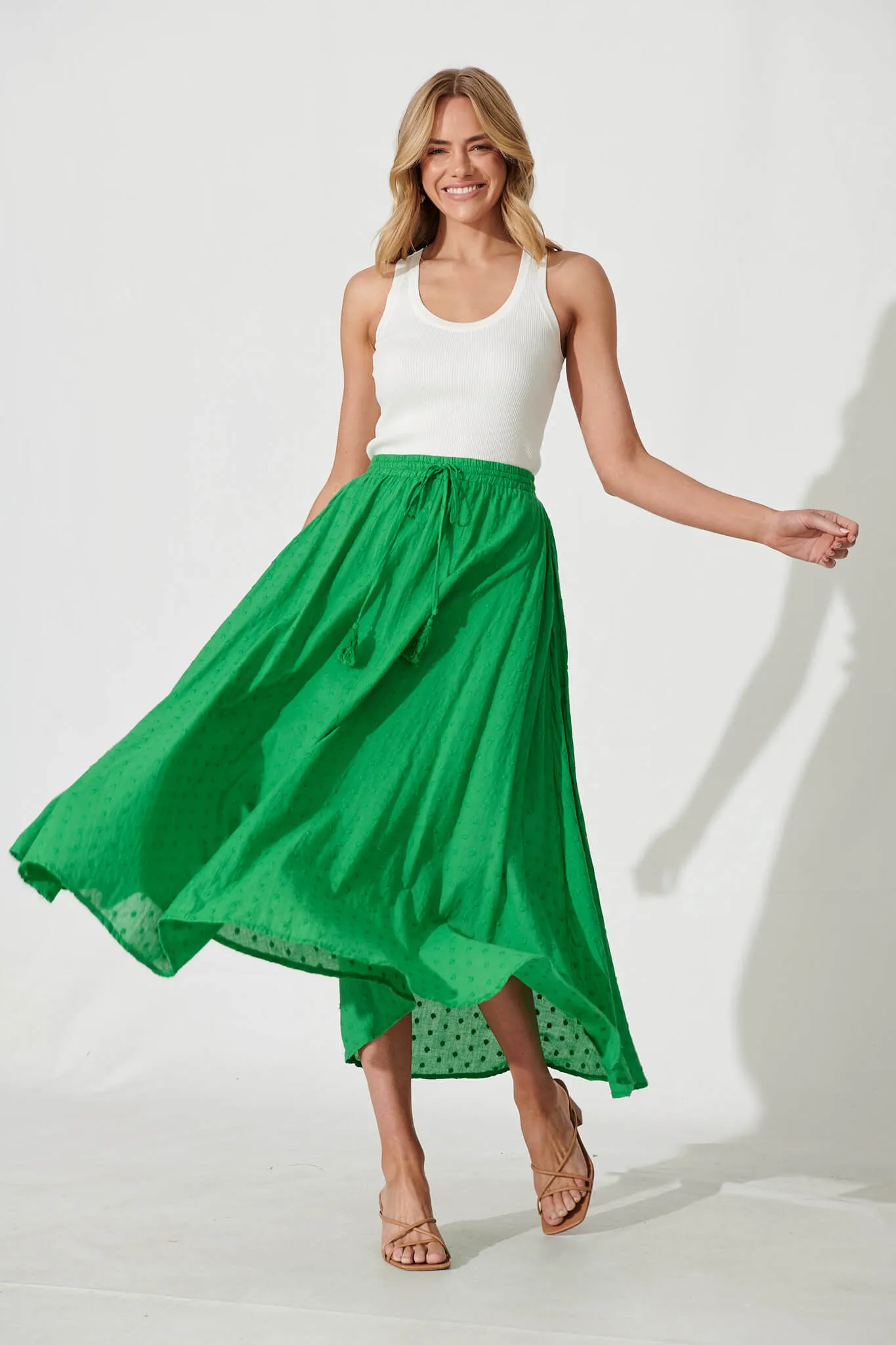 Behati Maxi Skirt In Green Swiss Dot sold by St Frock