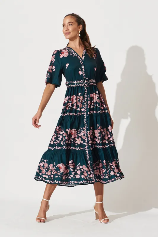 Piper Midi Dress In Green With Blush Floral sold by St Frock