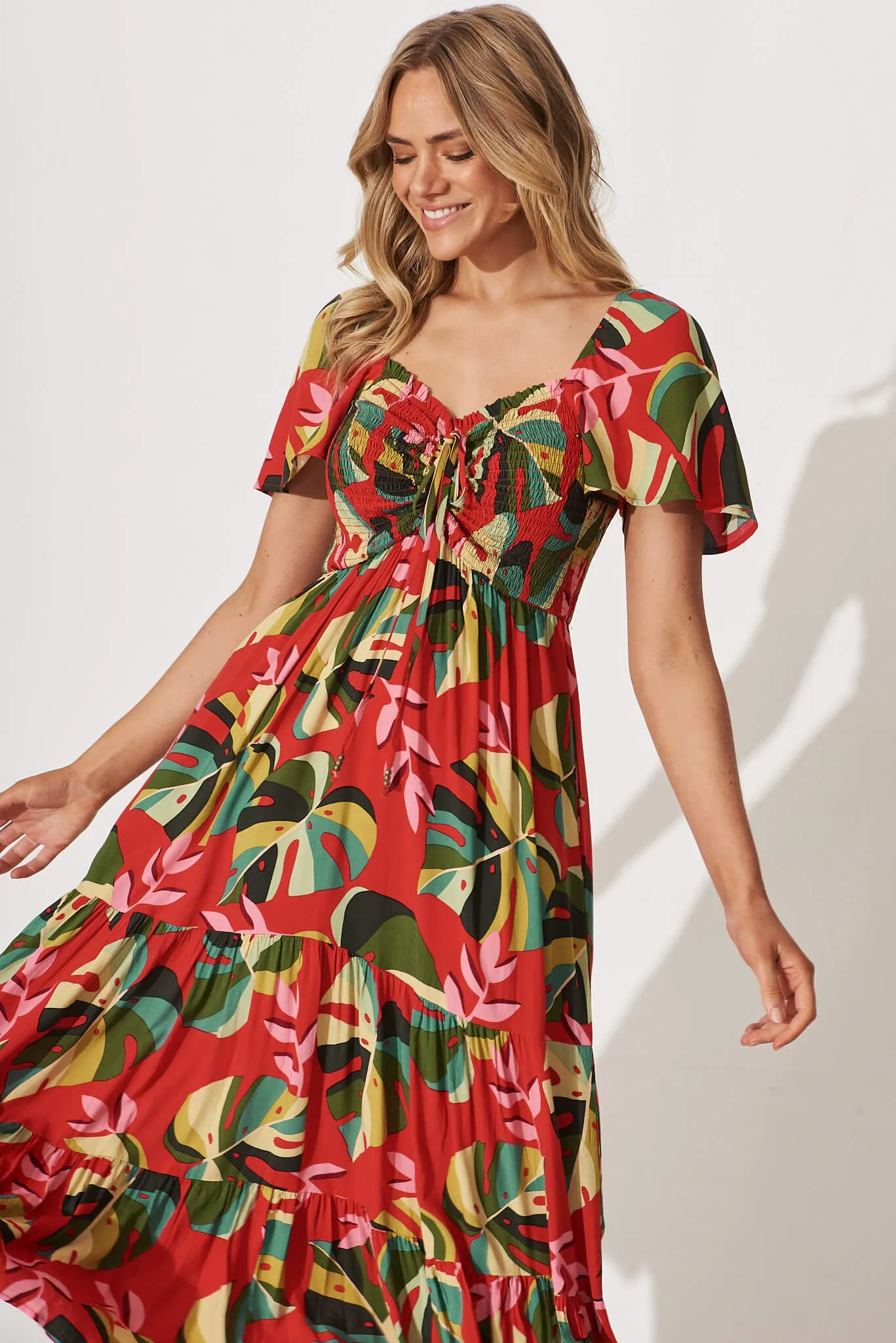 Aiyana Maxi Dress In Red With Green Leaf Print sold by St Frock product image thumbnail 2