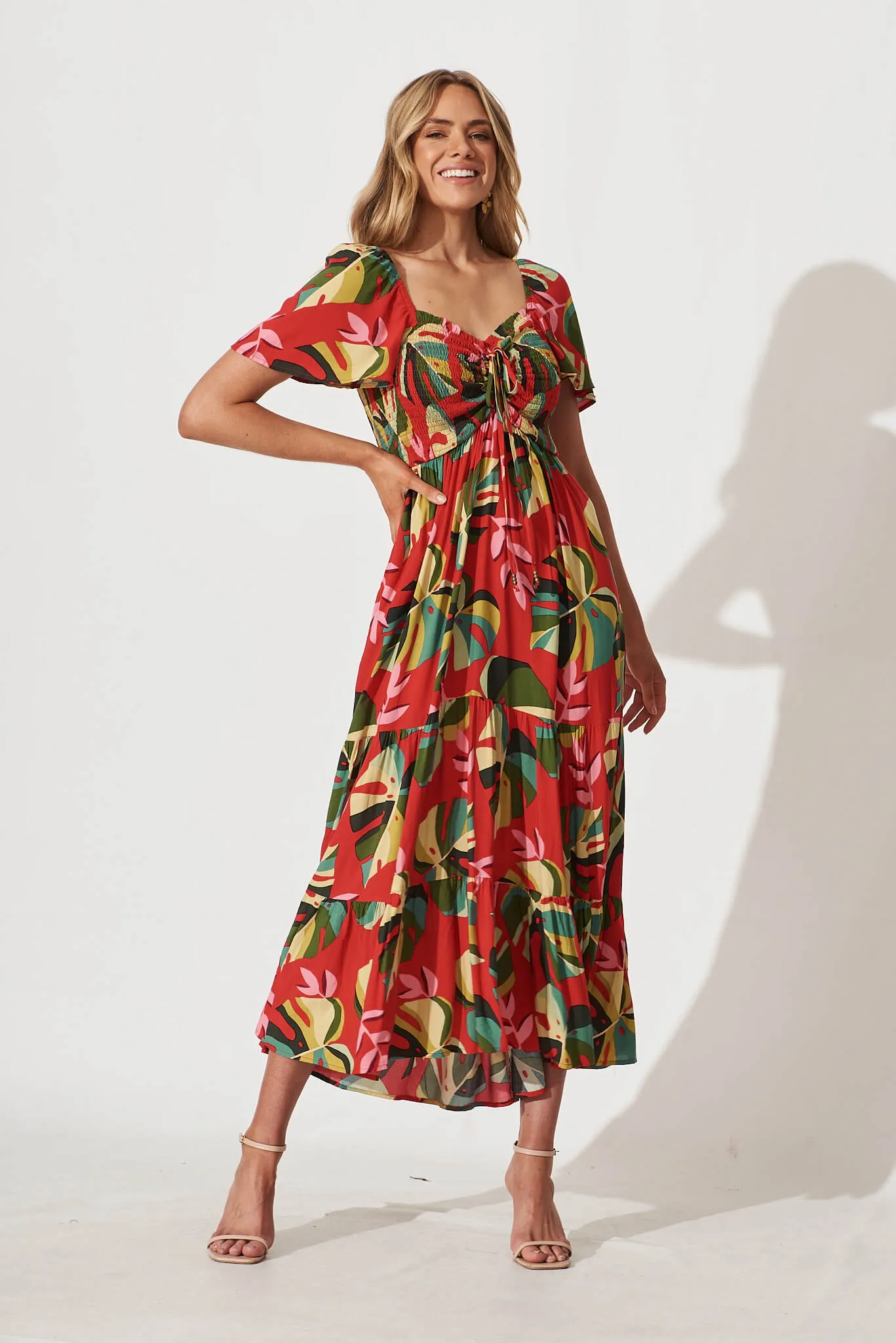 Aiyana Maxi Dress In Red With Green Leaf Print sold by St Frock product image thumbnail 5