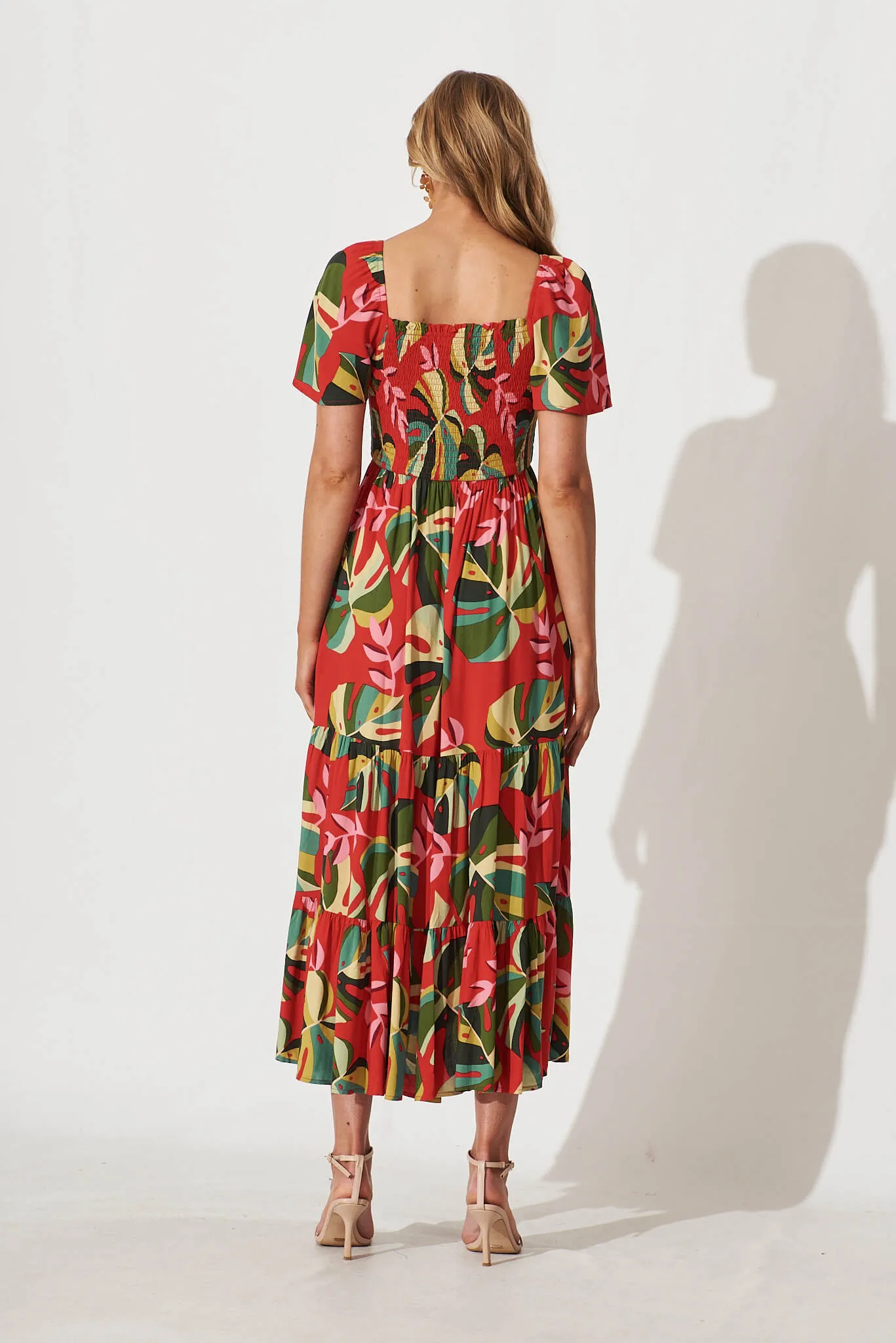 Aiyana Maxi Dress In Red With Green Leaf Print sold by St Frock product image thumbnail 4