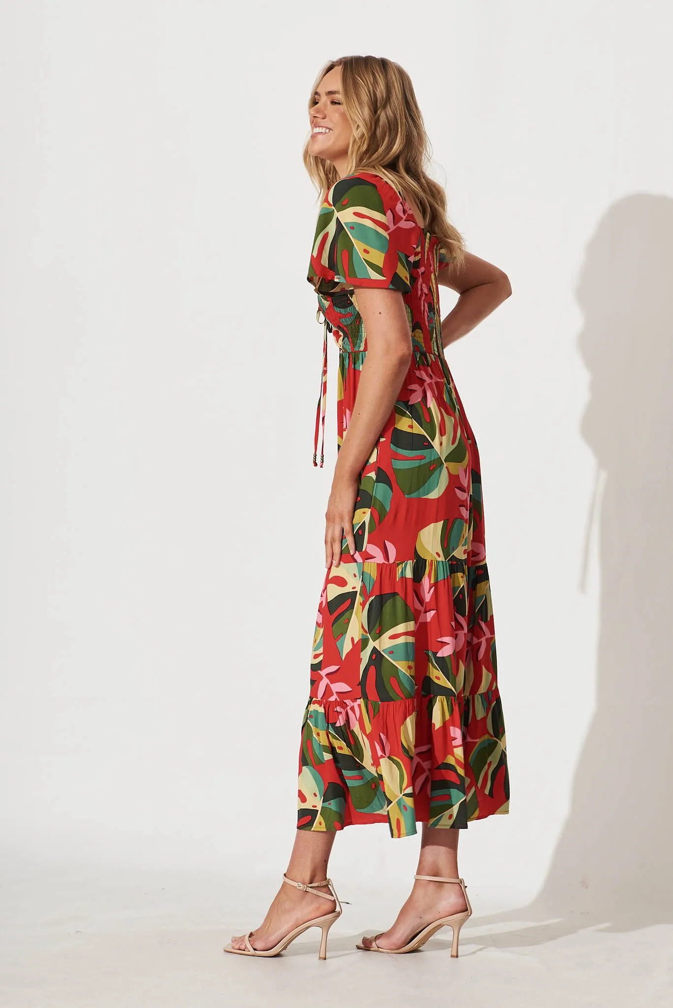 Aiyana Maxi Dress In Red With Green Leaf Print sold by St Frock product image thumbnail 3