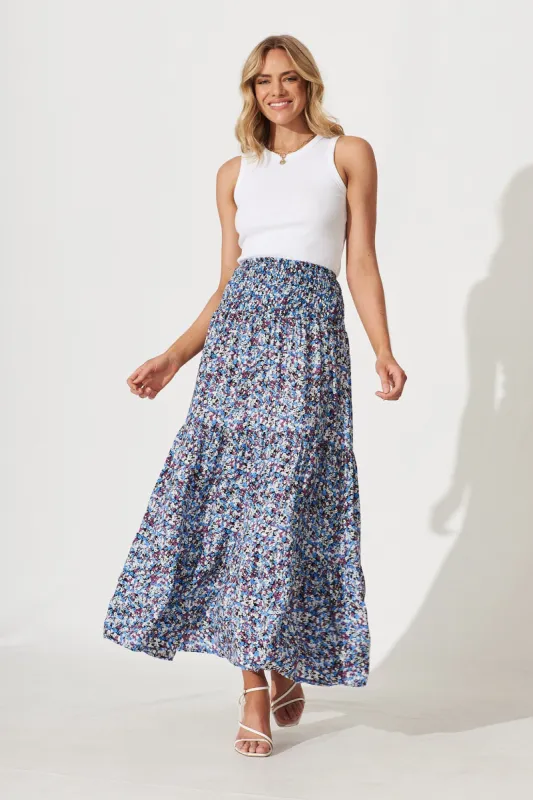 Macarena Maxi Skirt In Blue With Multi Floral sold by St Frock
