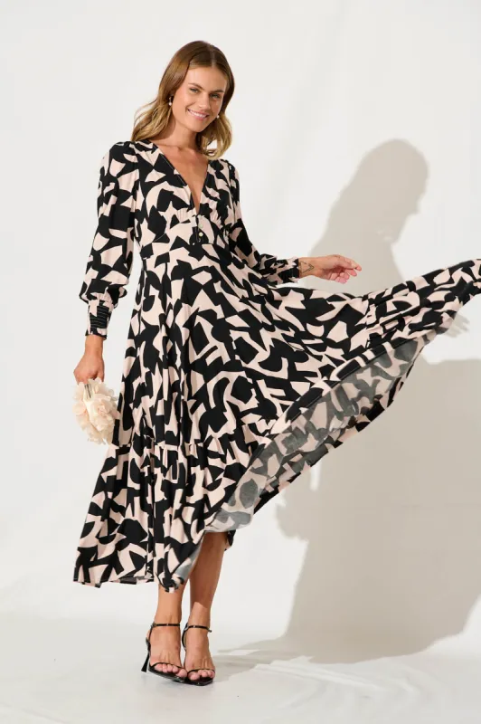 Neveena Maxi Dress In Black And Sand Geometric Print sold by St Frock