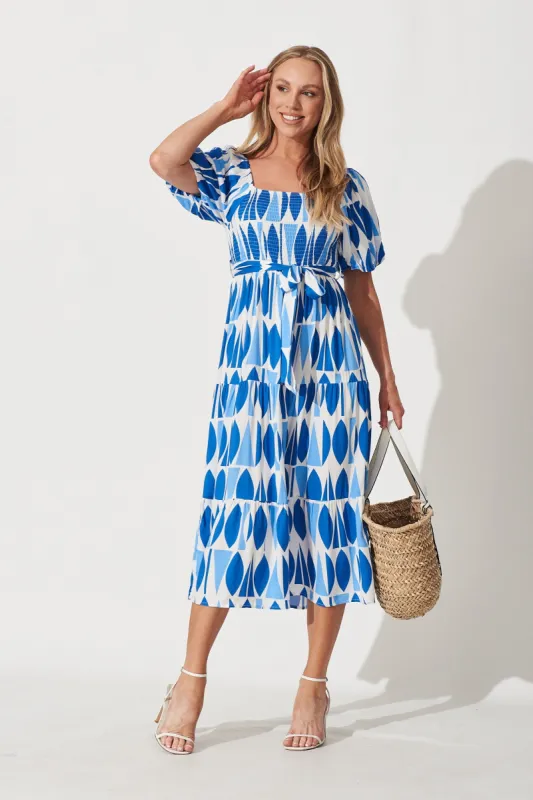 Leslie Midi Dress In White With Blue Print sold by St Frock