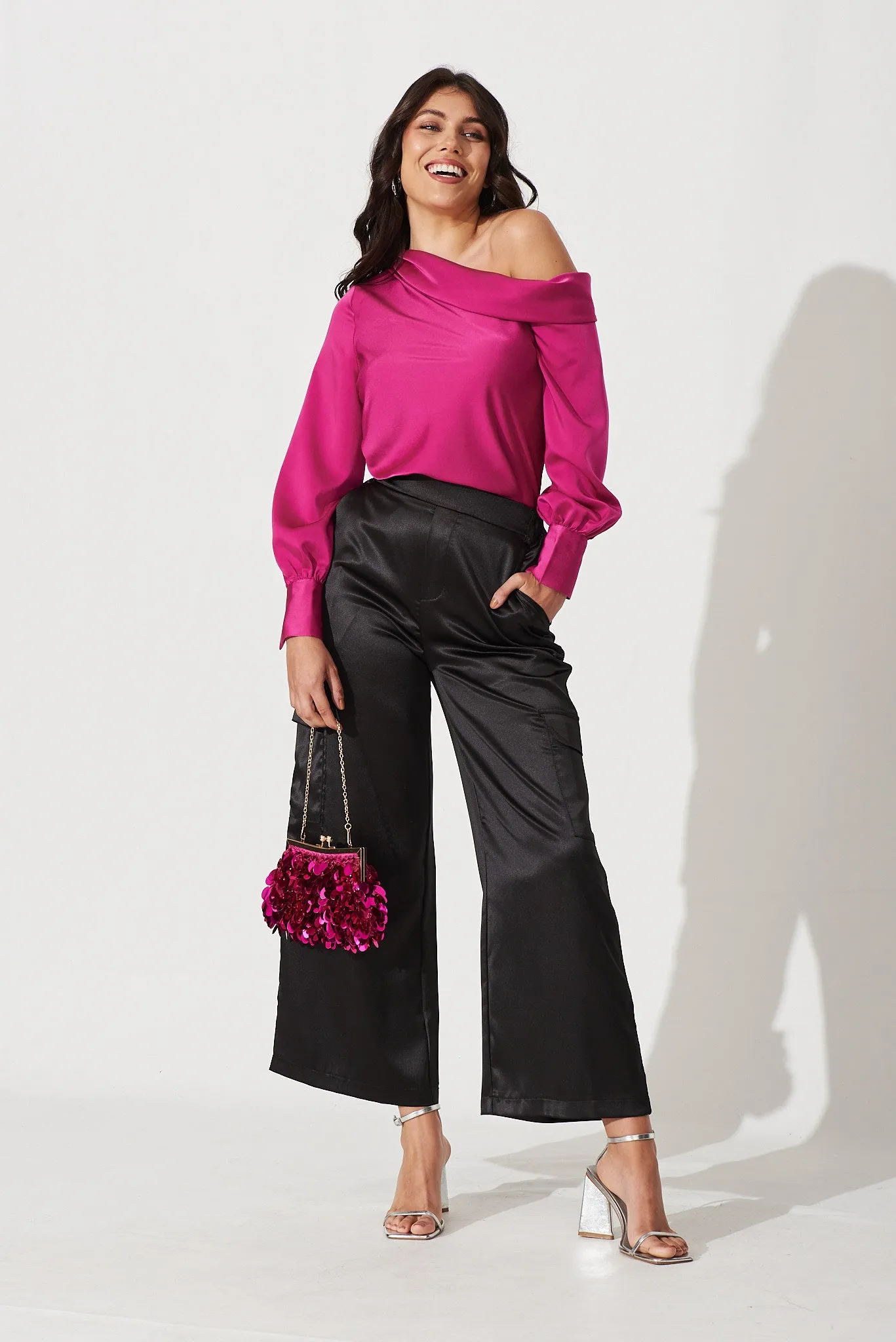 Eleanora Off Shoulder Top In Cerise Pink Satin sold by St Frock product image thumbnail 4