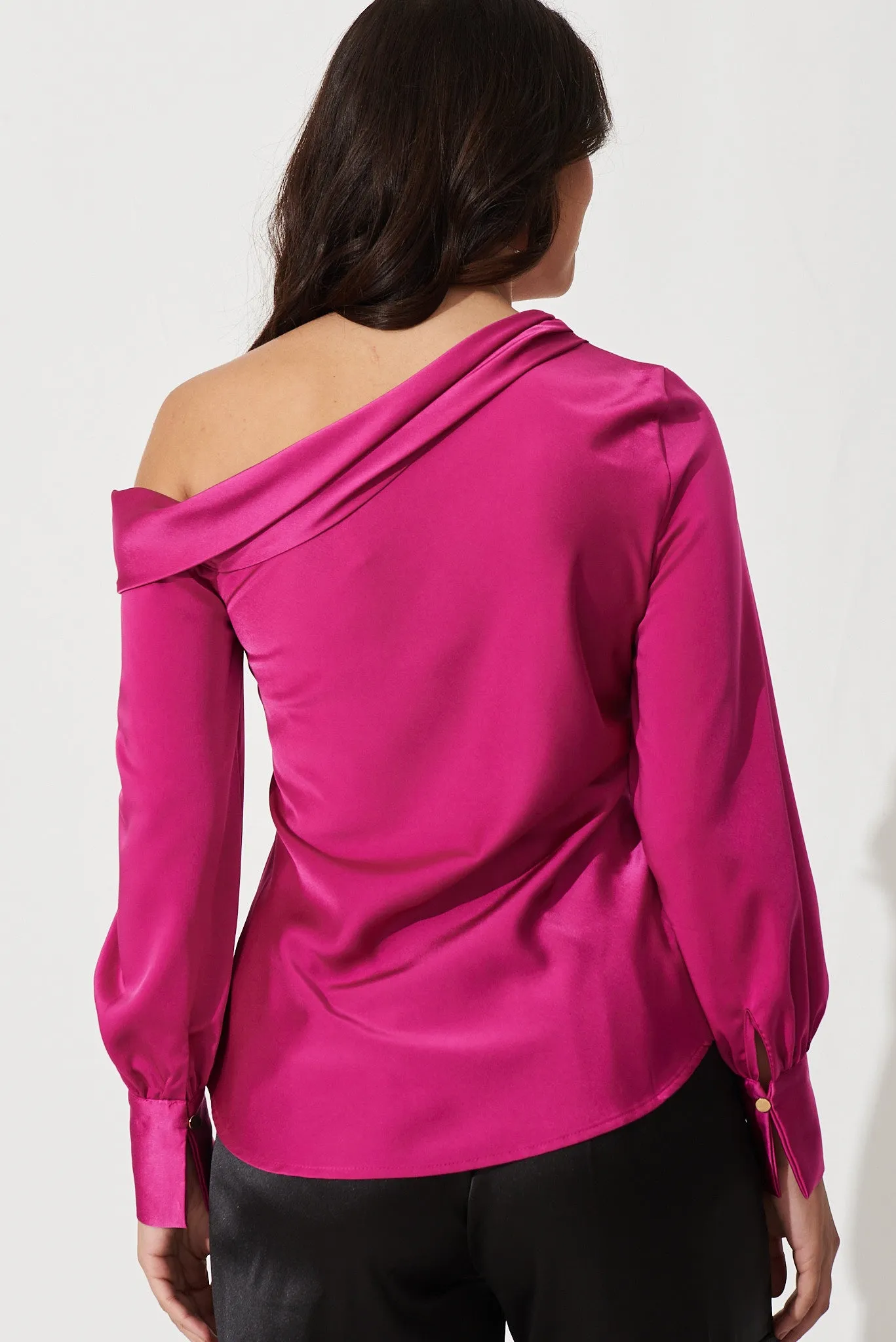Eleanora Off Shoulder Top In Cerise Pink Satin sold by St Frock product image thumbnail 3