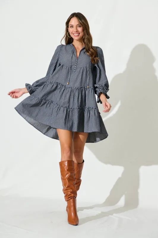 Gene Smock Dress In Navy Stripe Cotton Blend sold by St Frock