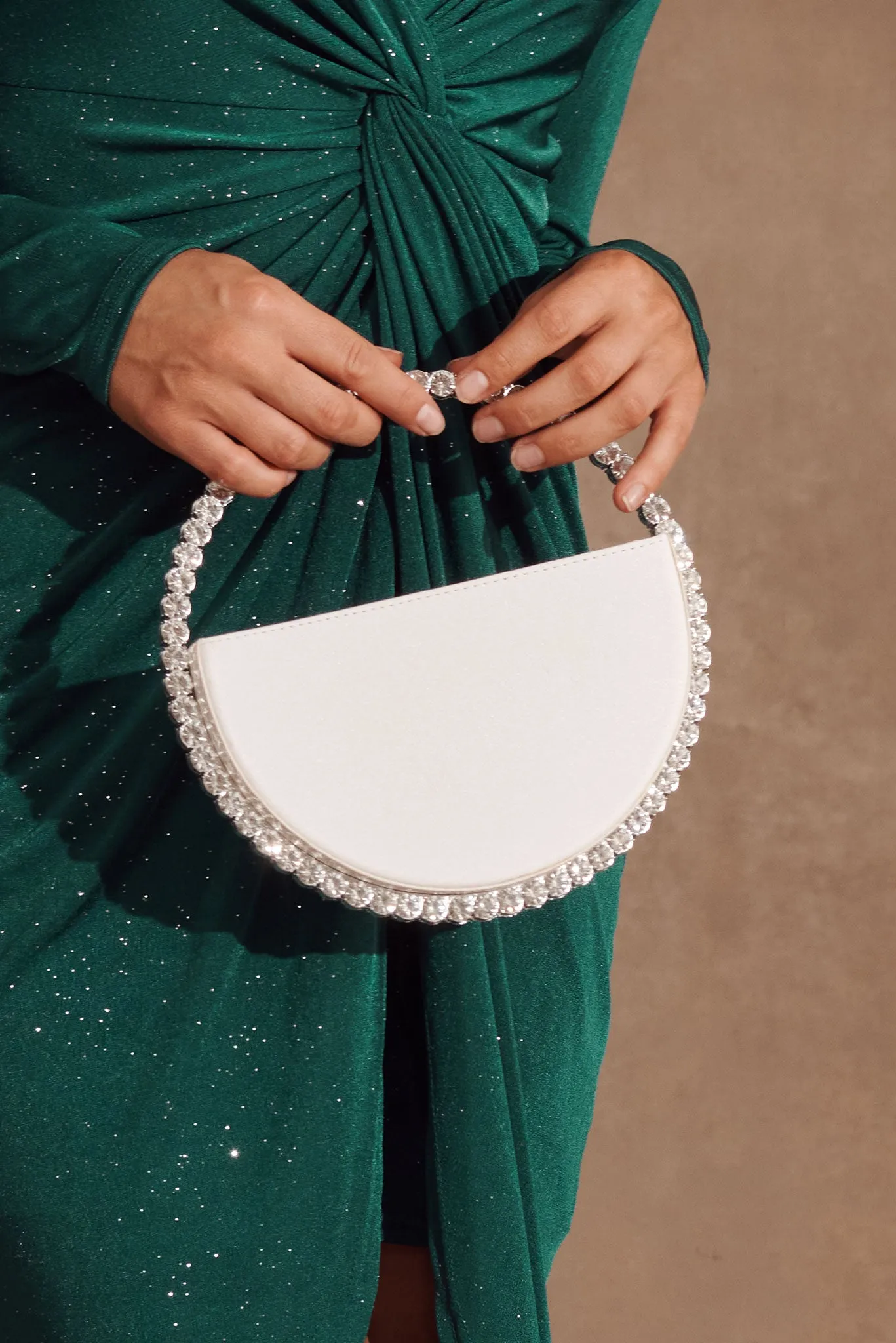 Treasure Round Clutch Bag In White Diamante sold by St Frock