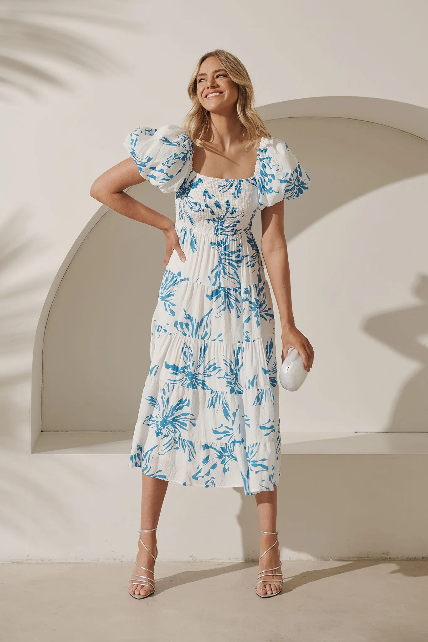 Kaitlyn Midi Dress In White With Blue Floral Print sold by St Frock