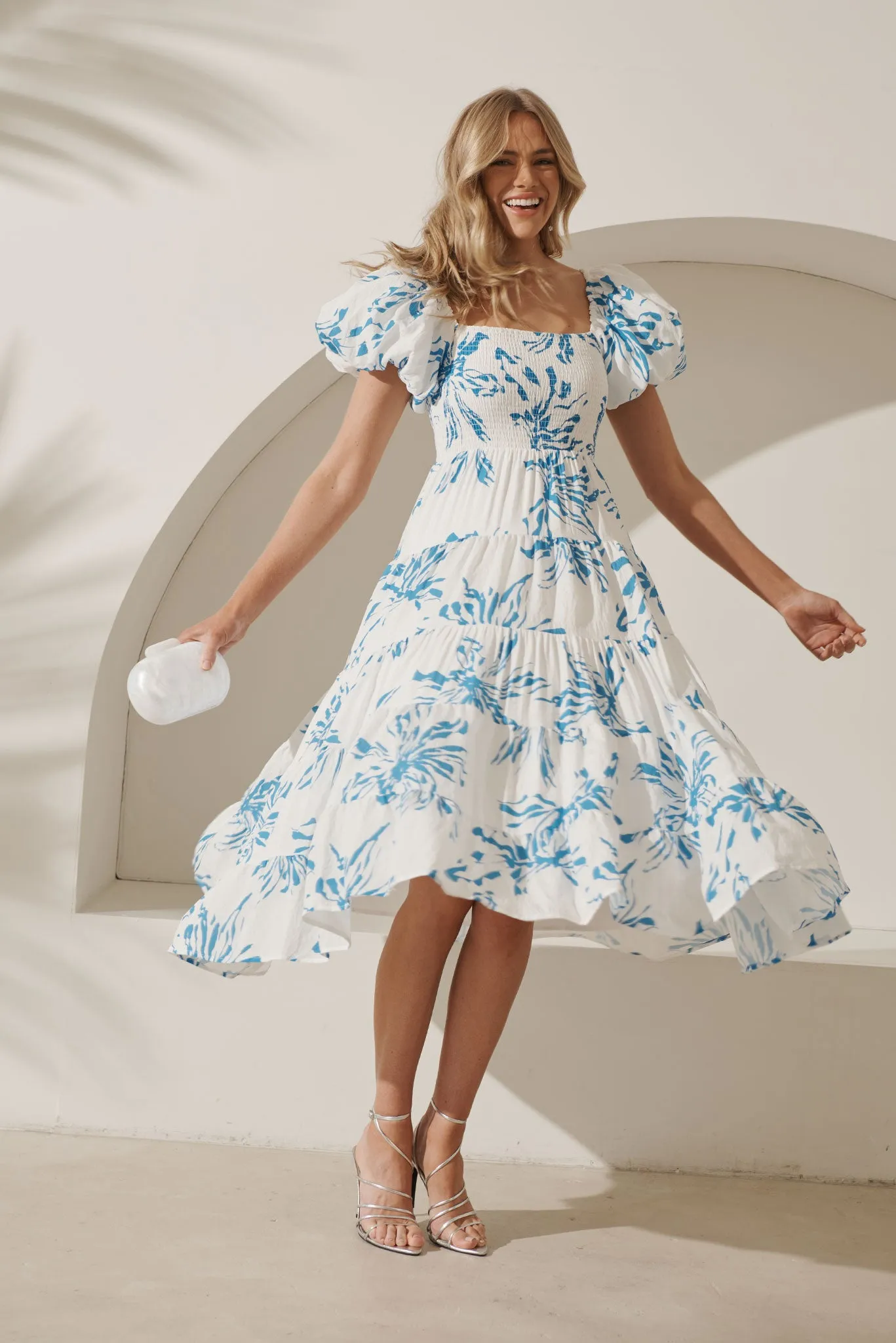 Kaitlyn Midi Dress In White With Blue Floral Print sold by St Frock product image thumbnail 4