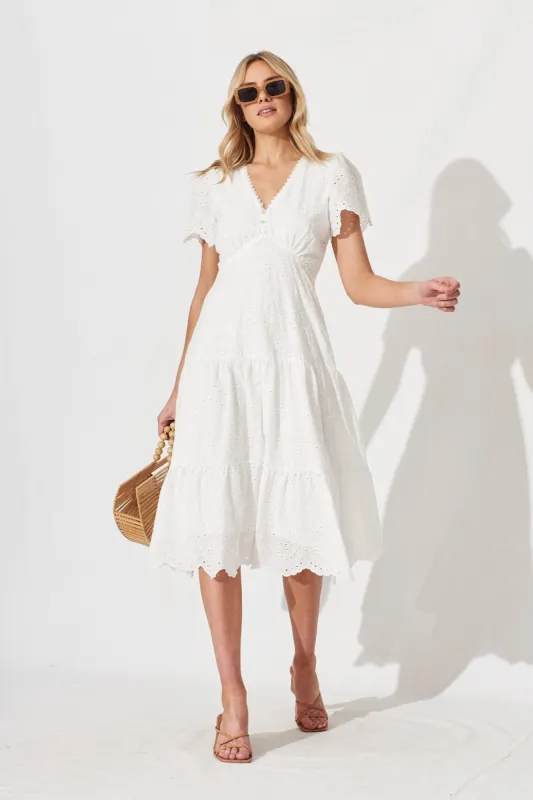 Charm Midi Dress In White Broderie sold by St Frock