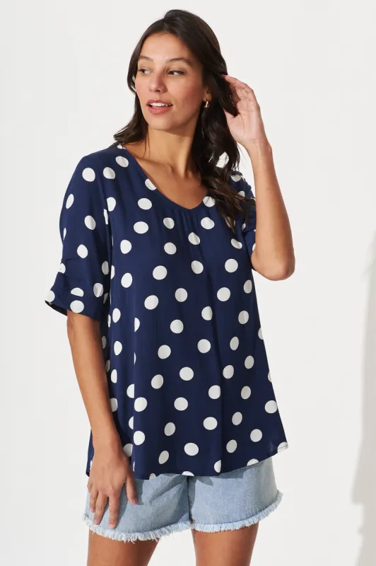 Laura Top In Navy With White Polka Dot sold by St Frock