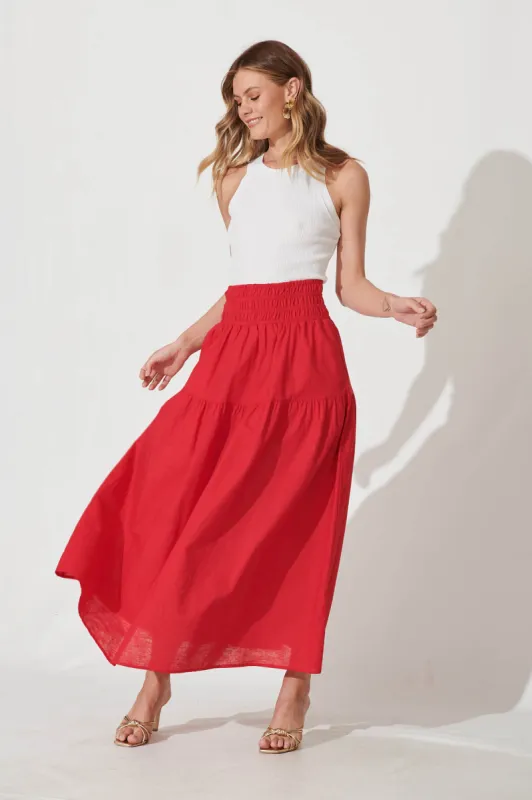 Simona Maxi Skirt In Red Linen Blend sold by St Frock