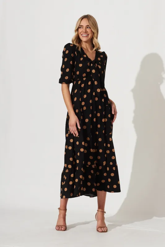 Ruth Midi Dress In Black With Brown Spot sold by St Frock