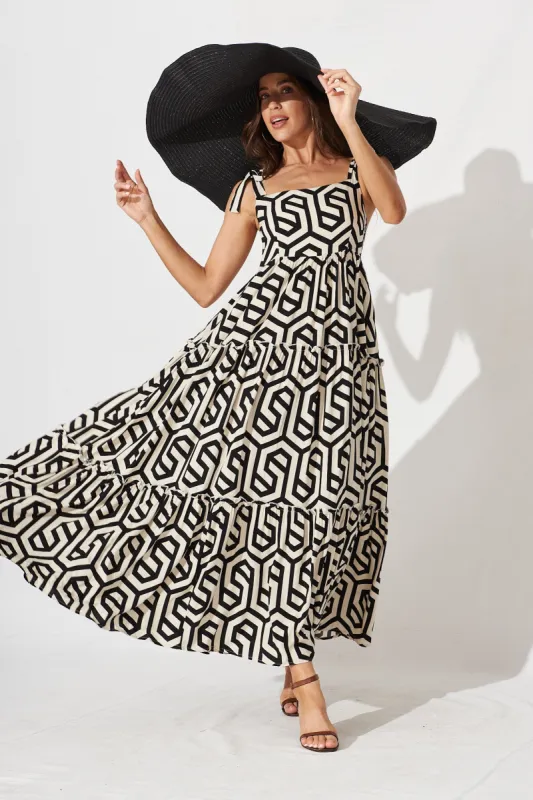 Shreya Maxi Dress In Cream With Black Geometric Print sold by St Frock