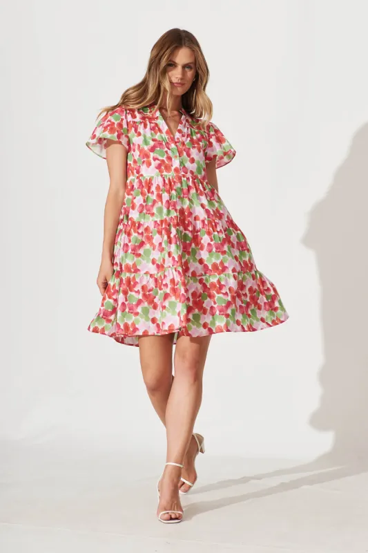 Saldana Smock Dress In Red With Green Print Cotton sold by St Frock