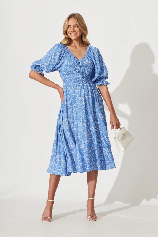 Guinevere Midi Dress In Blue With White Print sold by St Frock