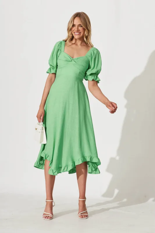 Bonjour Midi Dress In Green Linen Blend sold by St Frock